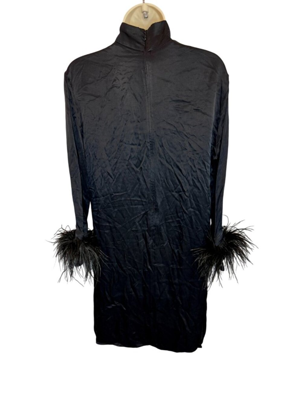 SLEEPER Black Party Long-Sleeve Feather Trim Mini Shirt Dress NWT - Size S - Picture 6 of 9
